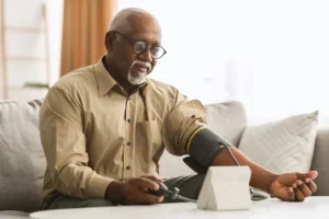 Hypertension In Older Age. Senior Black Man Measuring Arterial Blood Pressure Having Problems With Tension, Using Blood-Pressure Cuff Sitting On Sofa At Home. Healthcare And Medicine Concept. 