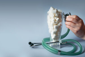 A photograph of a glass of sugar with a stethoscope in the background