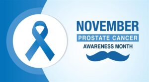 Movember - prostate cancer awareness month. Men's health concept. Moustaches and blue-ribbon background. Good for poster, banner, card design. 