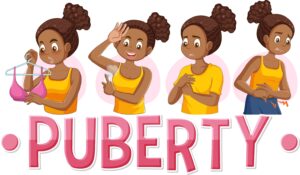 Teenage Girls Cartoon Characters with Puberty Texts illustration. 