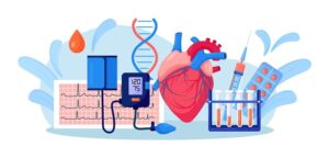 Human heart with sphygmomanometer, ECG cardiogram, blood test tube, medicines. Medical examination, measuring high blood pressure. Cardiovascular disease diagnostic. Hypertension, hypotension. 