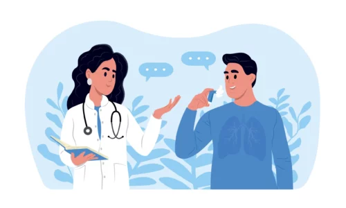 A doctor tells his patient how to use an inhaler during asthma attack. World Asthma Day. Allergy, asthmatic. Inhalation drug. Bronchial asthma.