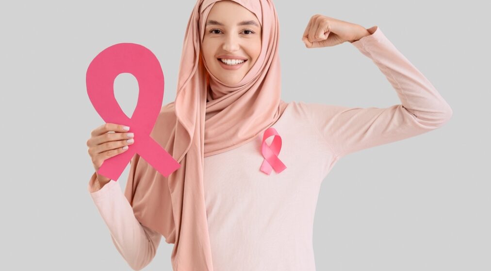 Young,Muslim,Woman,With,Pink,Ribbons,Showing,Muscles,On,Light