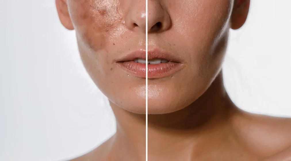 Hyperpigmentation of female skin, close-up of a part of the face on a white background, before and after acid peeling and cosmetic therapy, dermatology, skin care