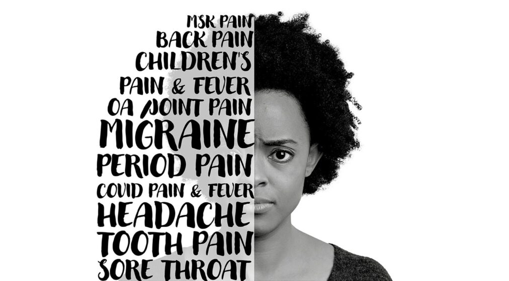 Black and white close-up of a young African lady with white writing over her face depicting words linked to pain.