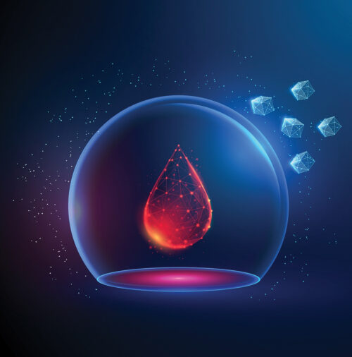 Vector of a red blood drop surrounded by a sphere on a blue background